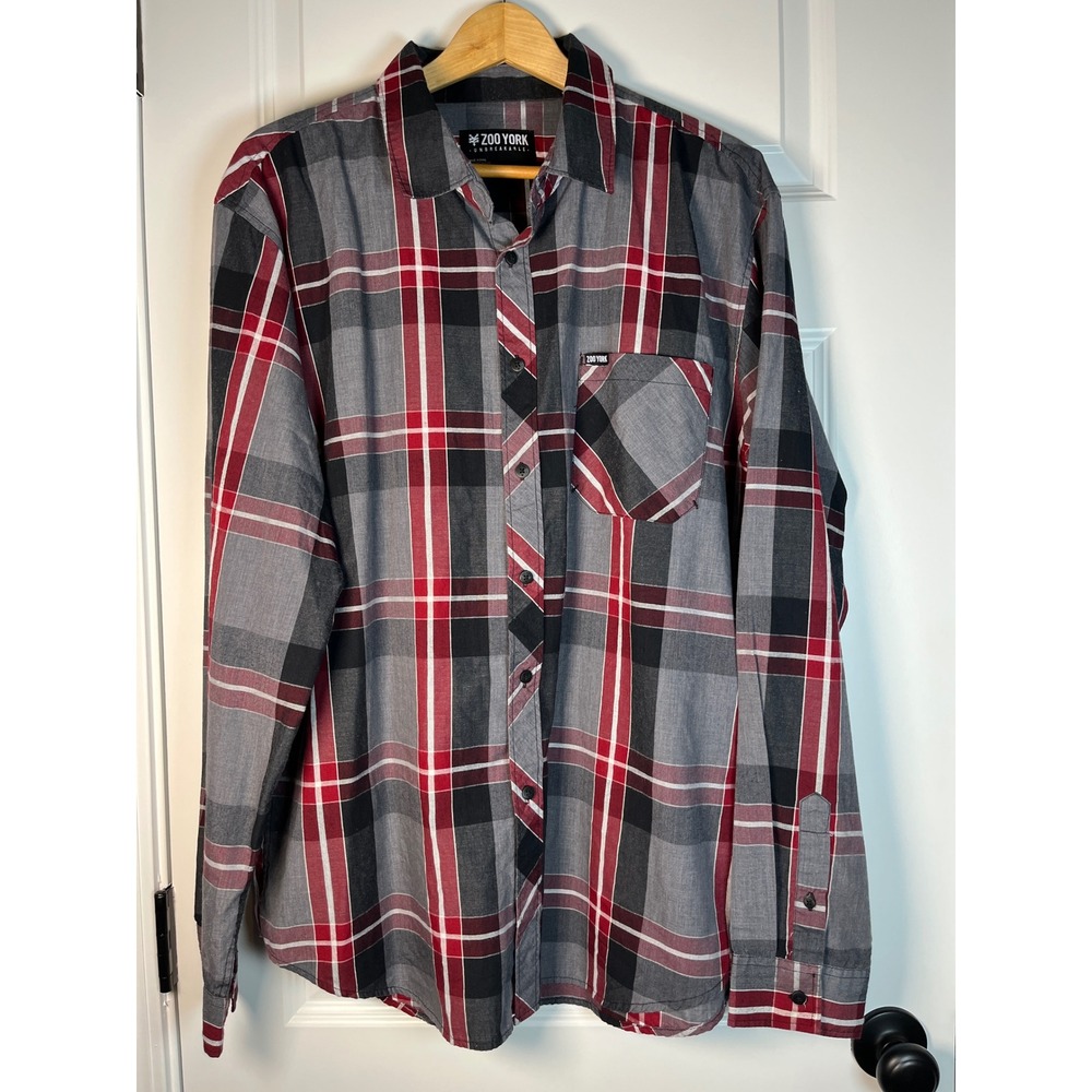 Zoo York Mens XL Plaid Button Down Shirt Long Sleeve Red Grey Black Unbreakable